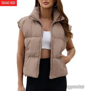 Cropped Puffer Vest Oversized Zip Up Water-Resistant Winter Outerwear